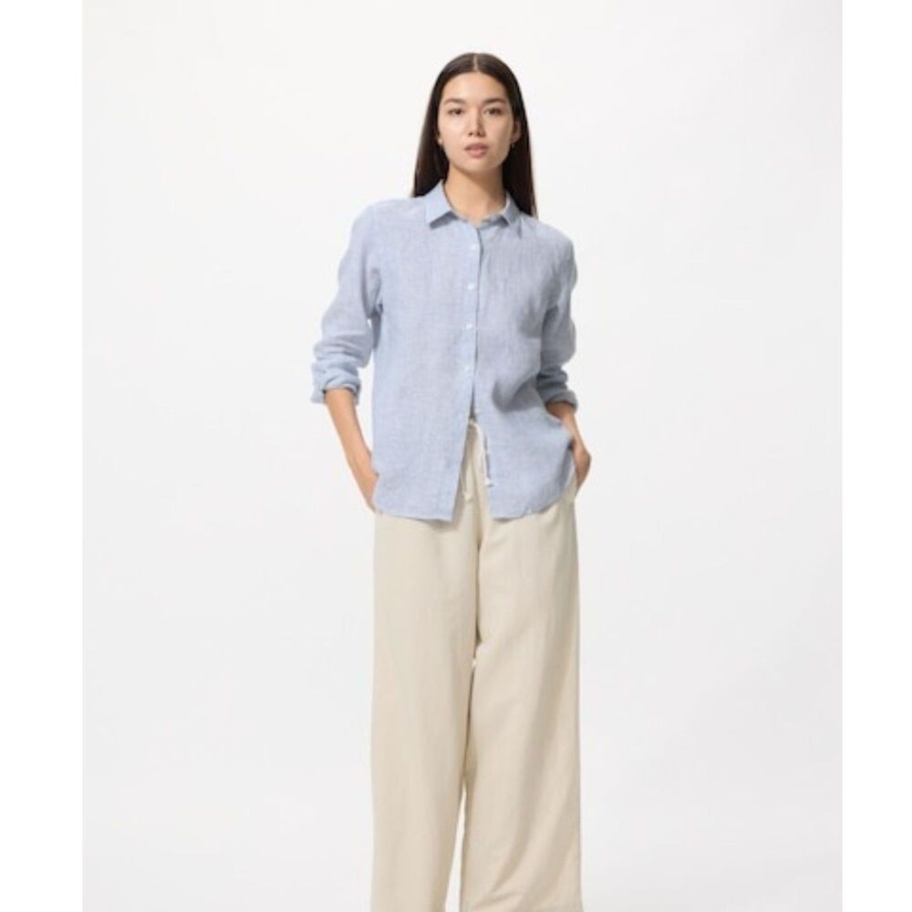 Uniqlo Light Blue 100% Linen Premium Button Down Shirt Size L